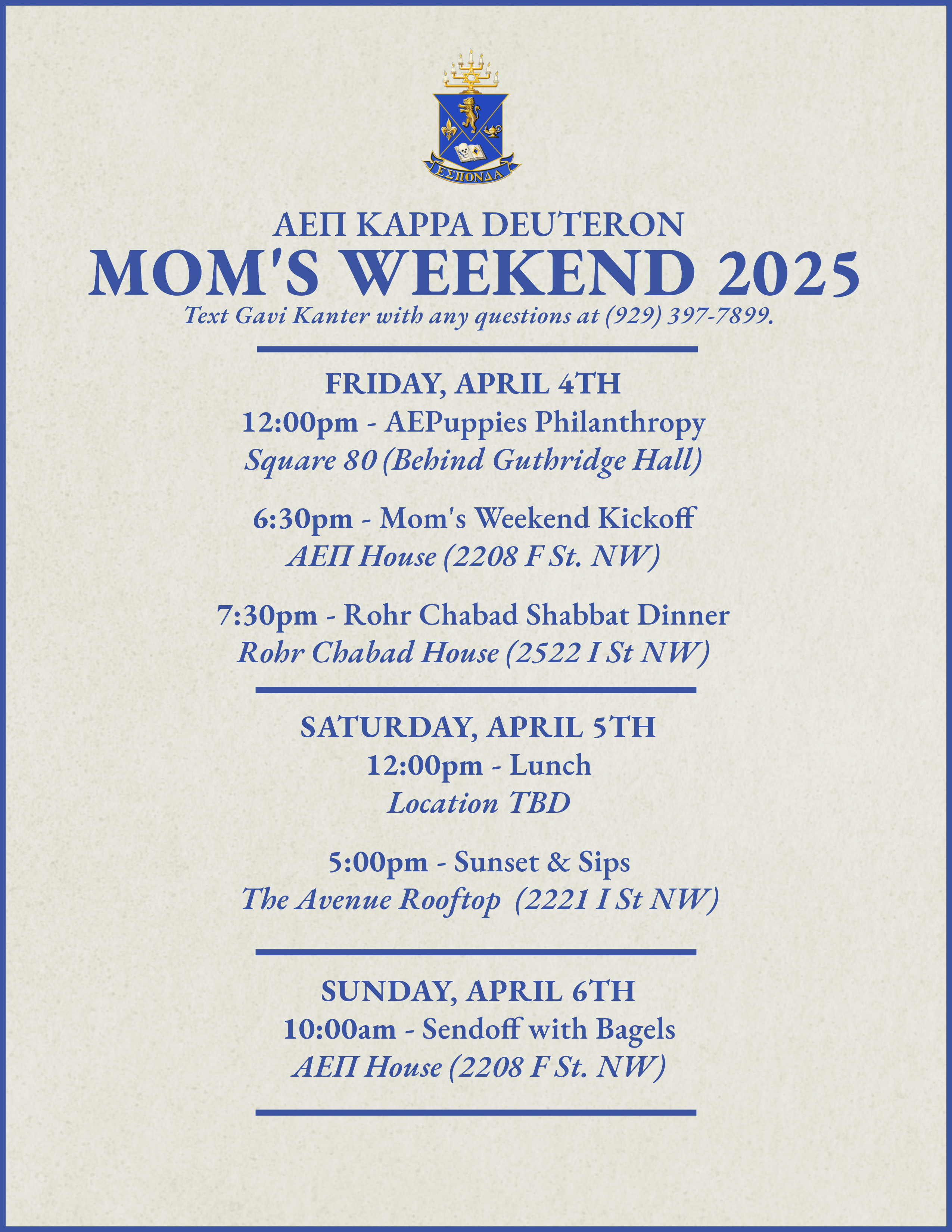 Flyer made for GWΑΕΠ's Spring 2025 Mom's Weekend.